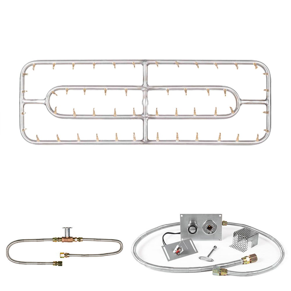Stainless steel double rectangle burner kit with ignition hardware and flexible gas hoses
