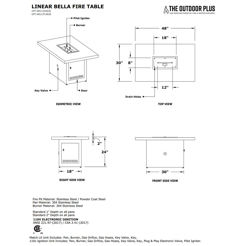 Linear Bella fire table technical diagram with dimensions and front panel details