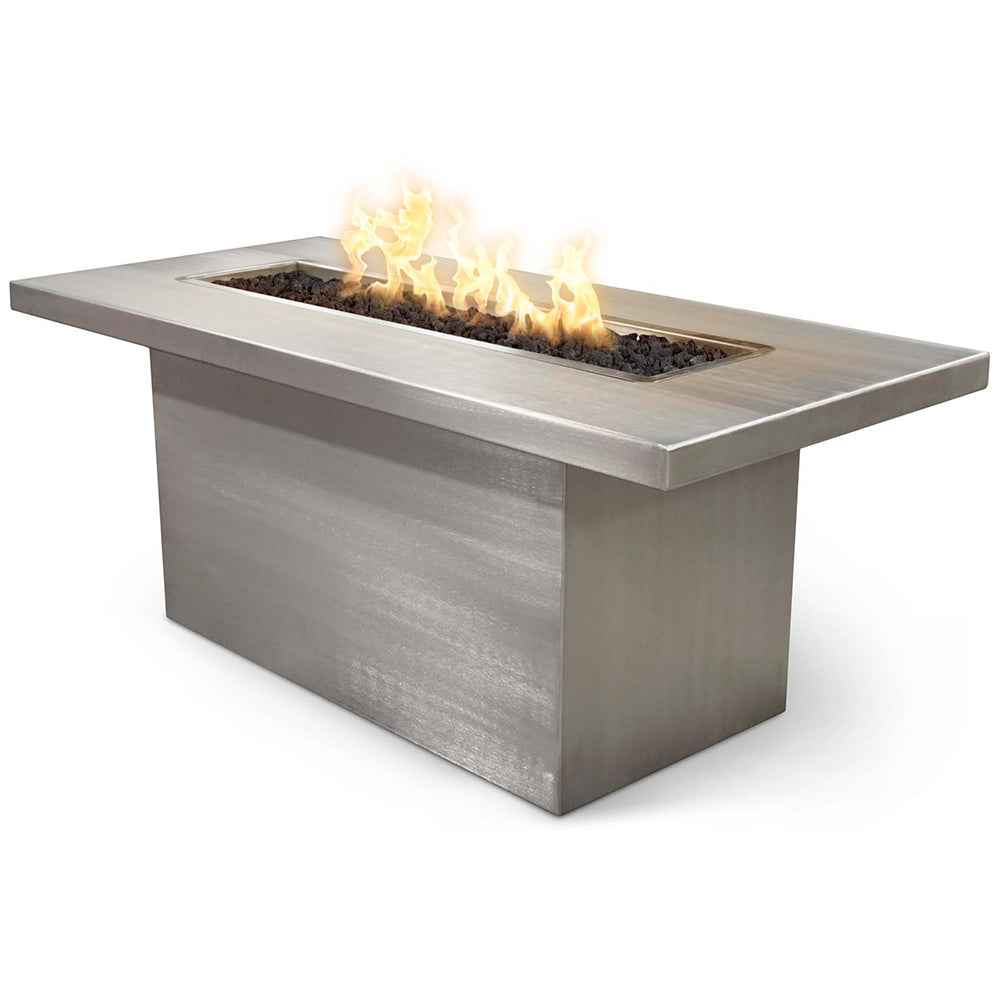 Linear stainless steel gas fire pit table with open burner and visible flames