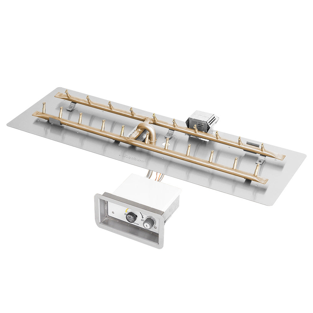 Brass linear H-style burner pan with ignition module and mounting control panel