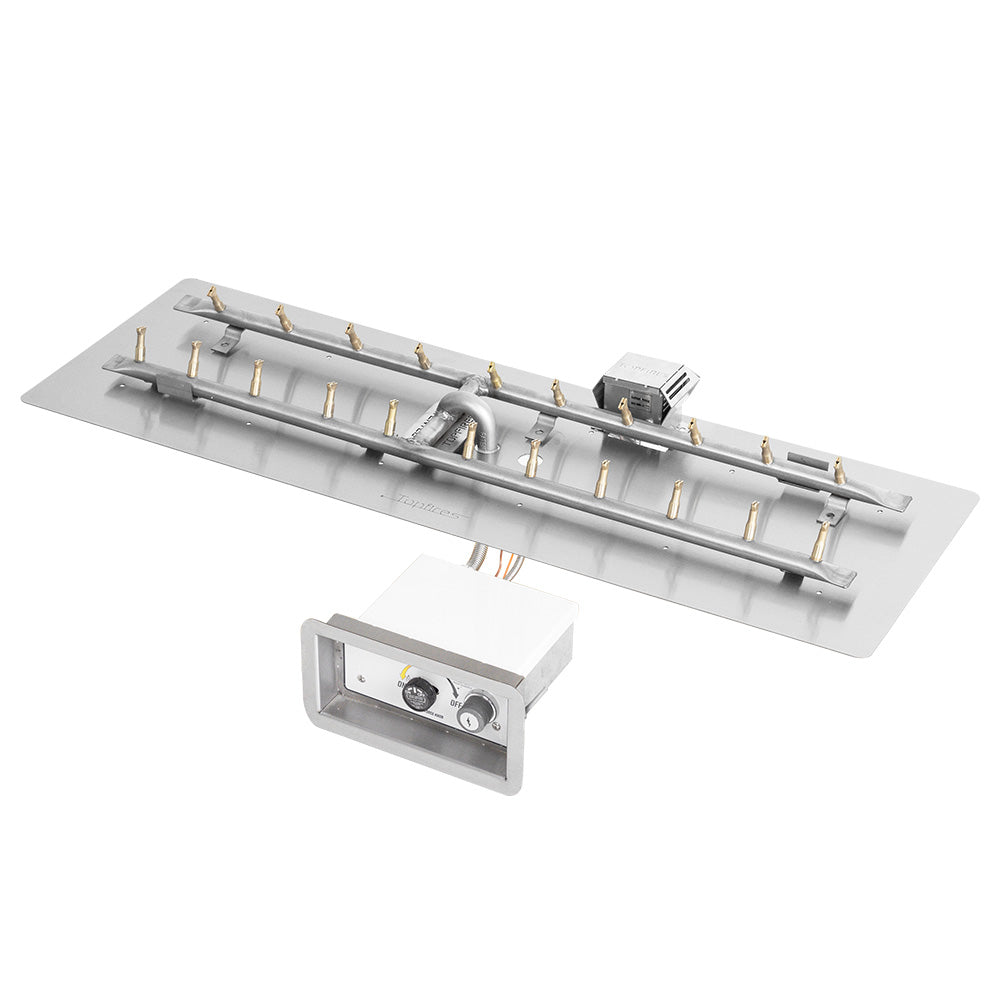 Linear stainless steel gas fire pit burner with spark ignition control panel
