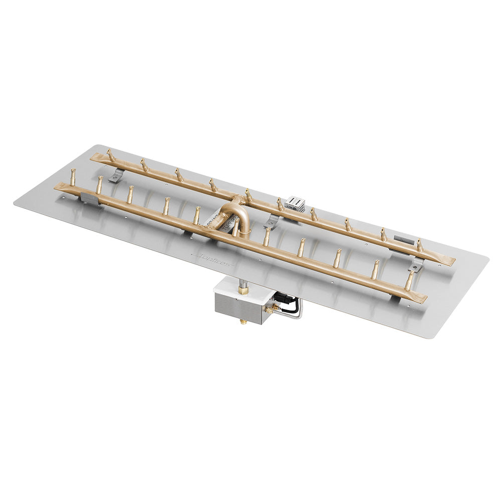 Brass H-style gas fire pit burner kit with electronic ignition on flat pan