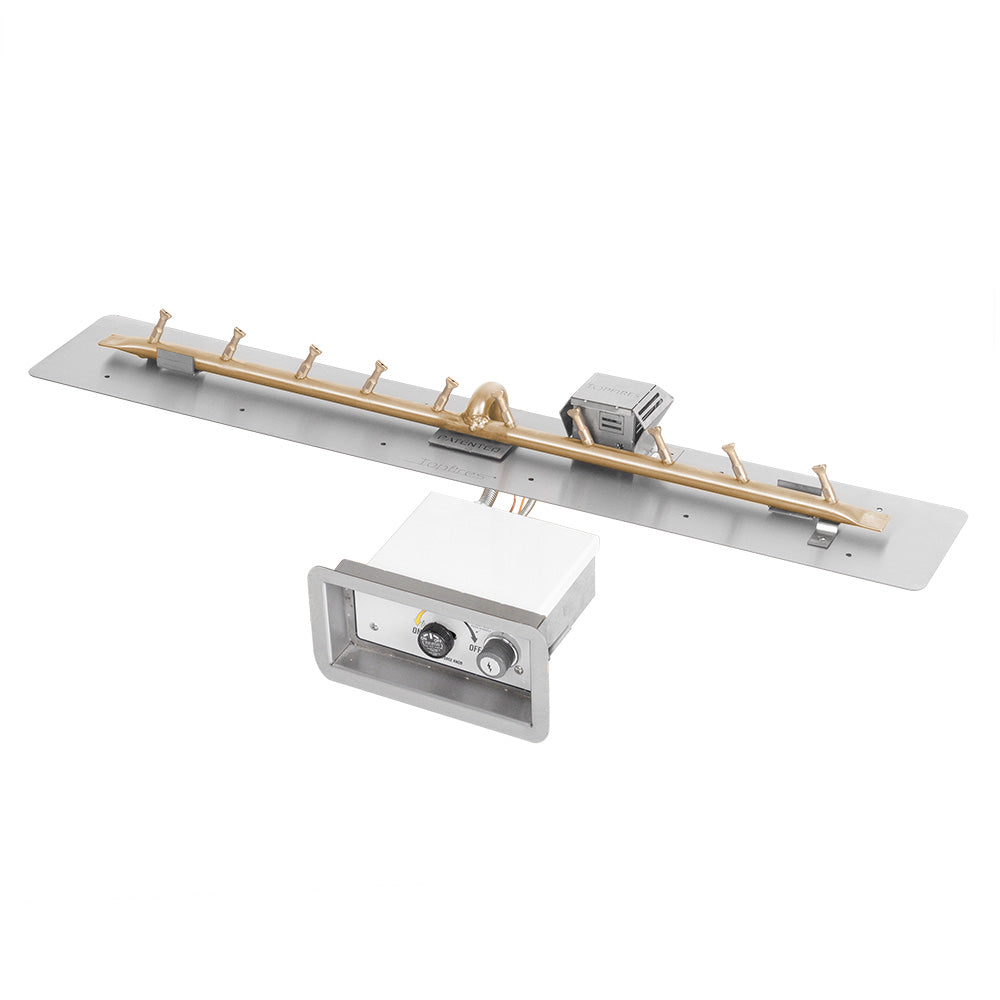Brass linear bullet spark burner kit with gray burner pan and control box
