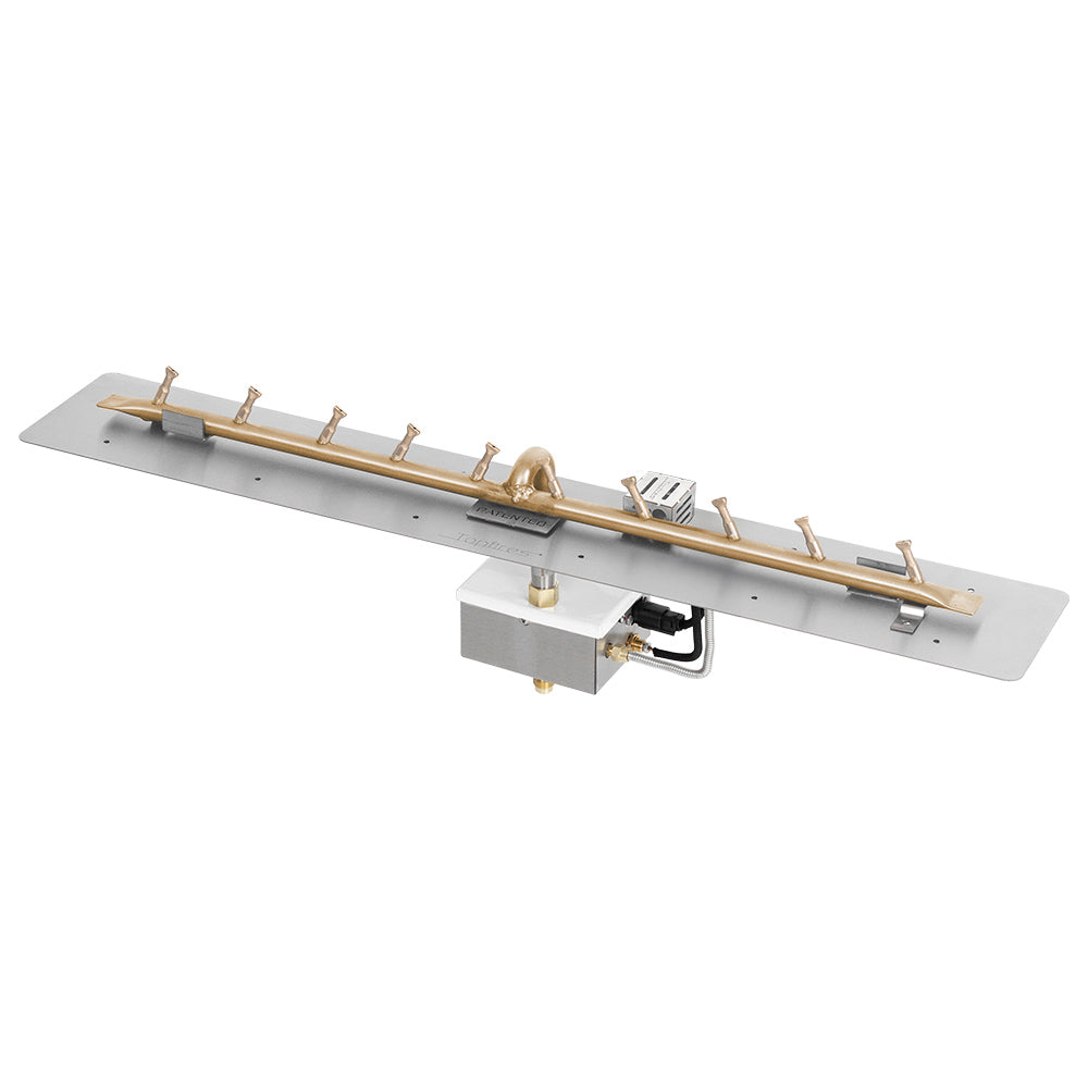 Brass linear gas fire pit burner kit with flat pan and electronic igniter