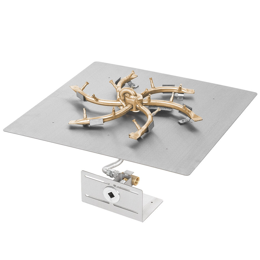 Brass bullet burner assembly on a square burner pan with gas valve fitting