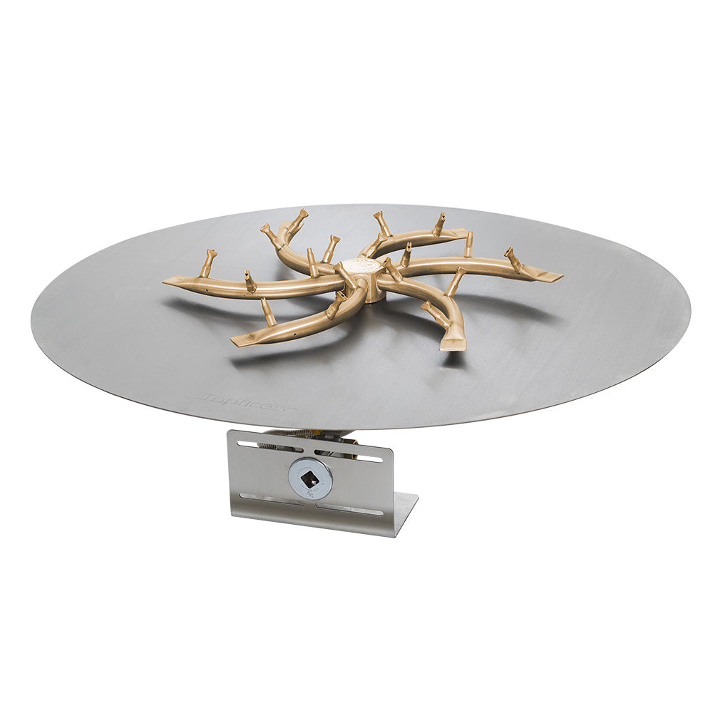 Brass bullet burner assembly mounted on a round burner pan