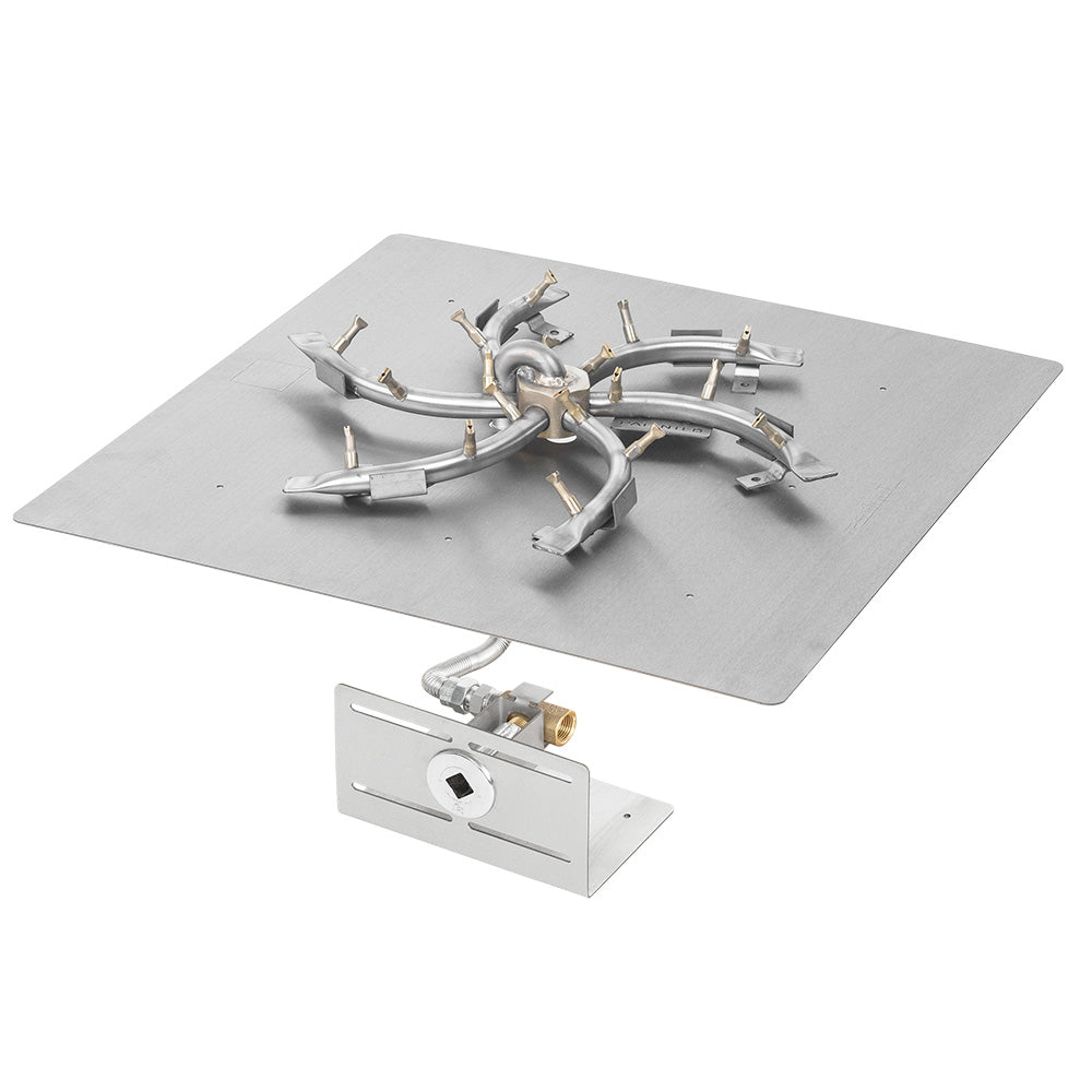 Stainless steel square burner pan with bullet burner manifold and control plate