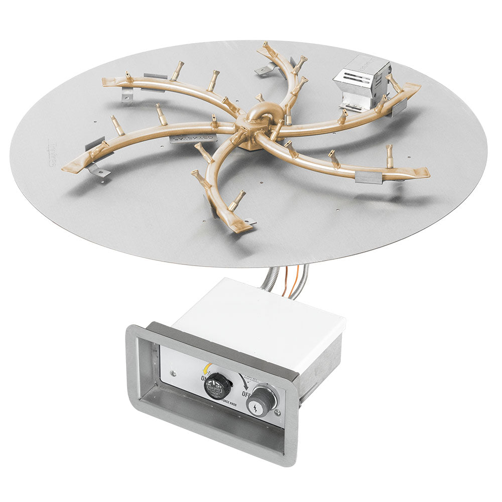Gas fire pit burner kit in round pan with brass manifold and igniter control panel