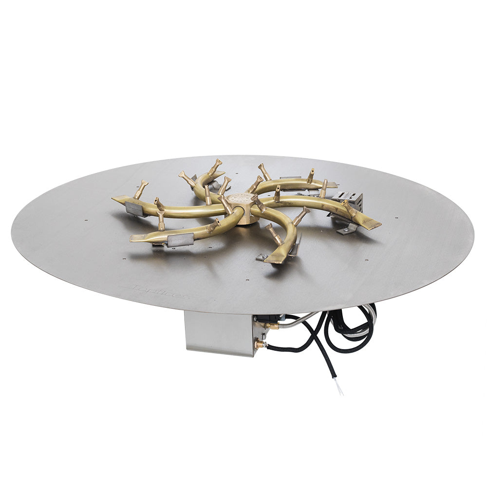 The Outdoor Plus Brass Bullet Electronic Ignition Gas Fire Pit Burner Kit with Round Flat Pan