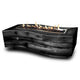 Wood grain fire pit in dark finish with rectangular burner bowl and flames