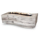 Light gray wood grain fire pit, front-facing rectangular burner bowl with flames