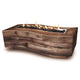 Light wood-grain fire pit with visible burner flames in long rectangular tray