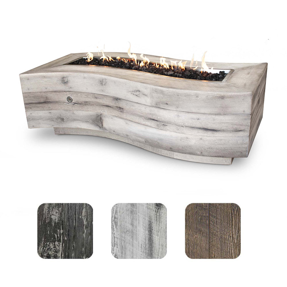 Light wood-grain fire pit with open top and flames, rectangular concrete-style surround
