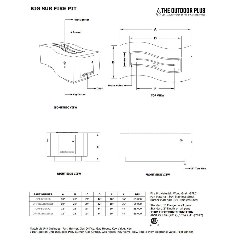 Fire pit dimension diagram with labeled views and measurements