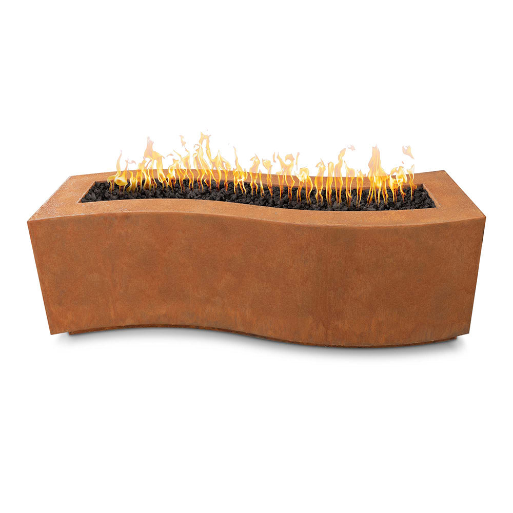 Rectangular corten steel gas fire pit with flames in black burner tray