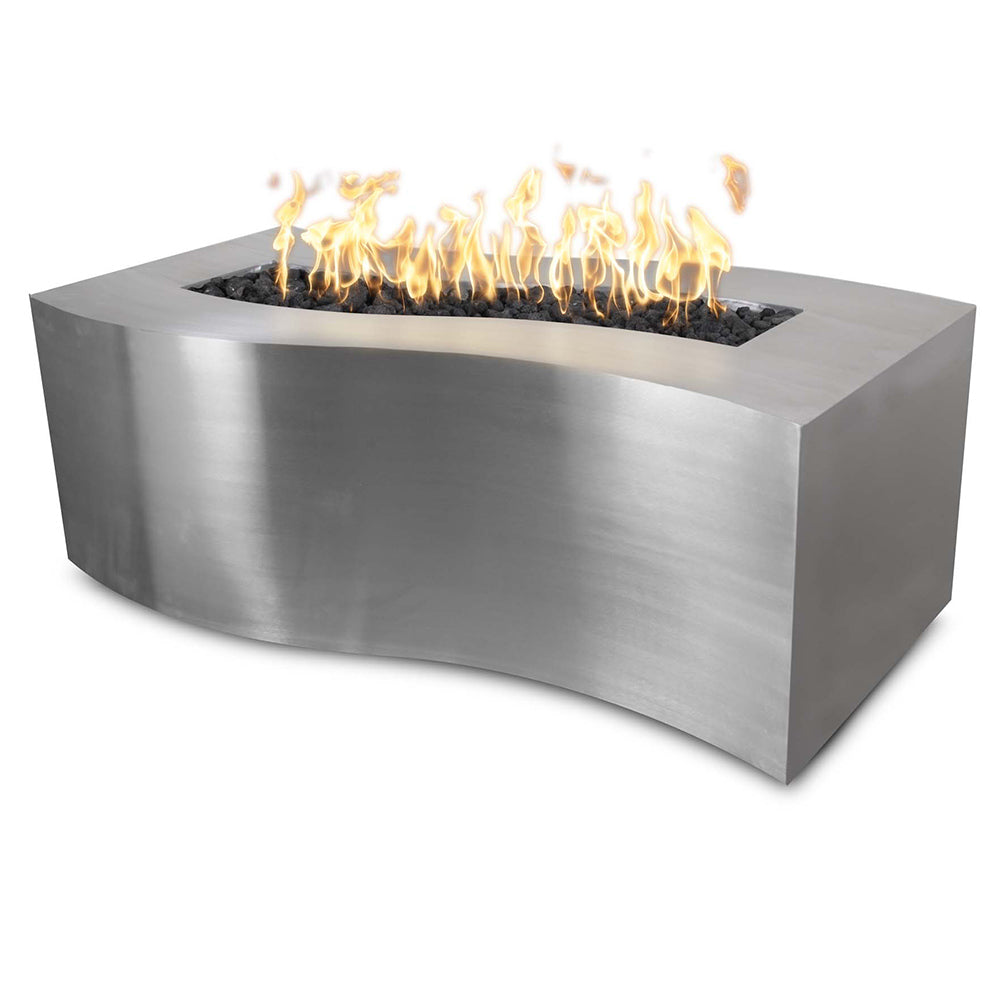 Rectangular stainless steel gas fire pit with flames and black burner