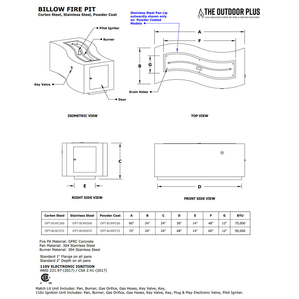 Billow gas fire pit parts diagram with top and side view labels