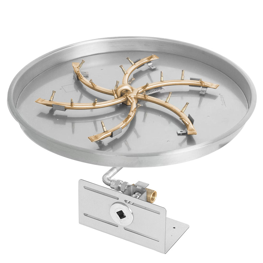 Brass bullet burner assembly inside a round fire pit burner pan