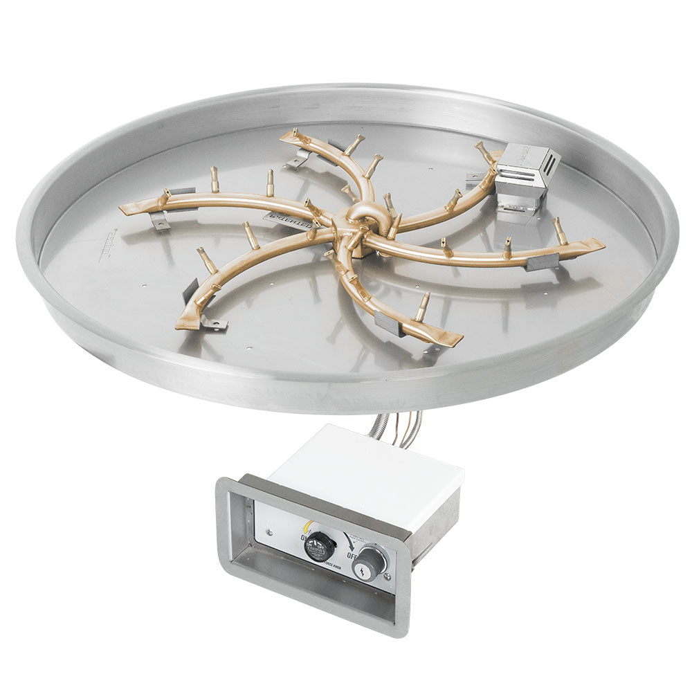 Gas fire pit burner kit in round pan with brass burner manifold and control box