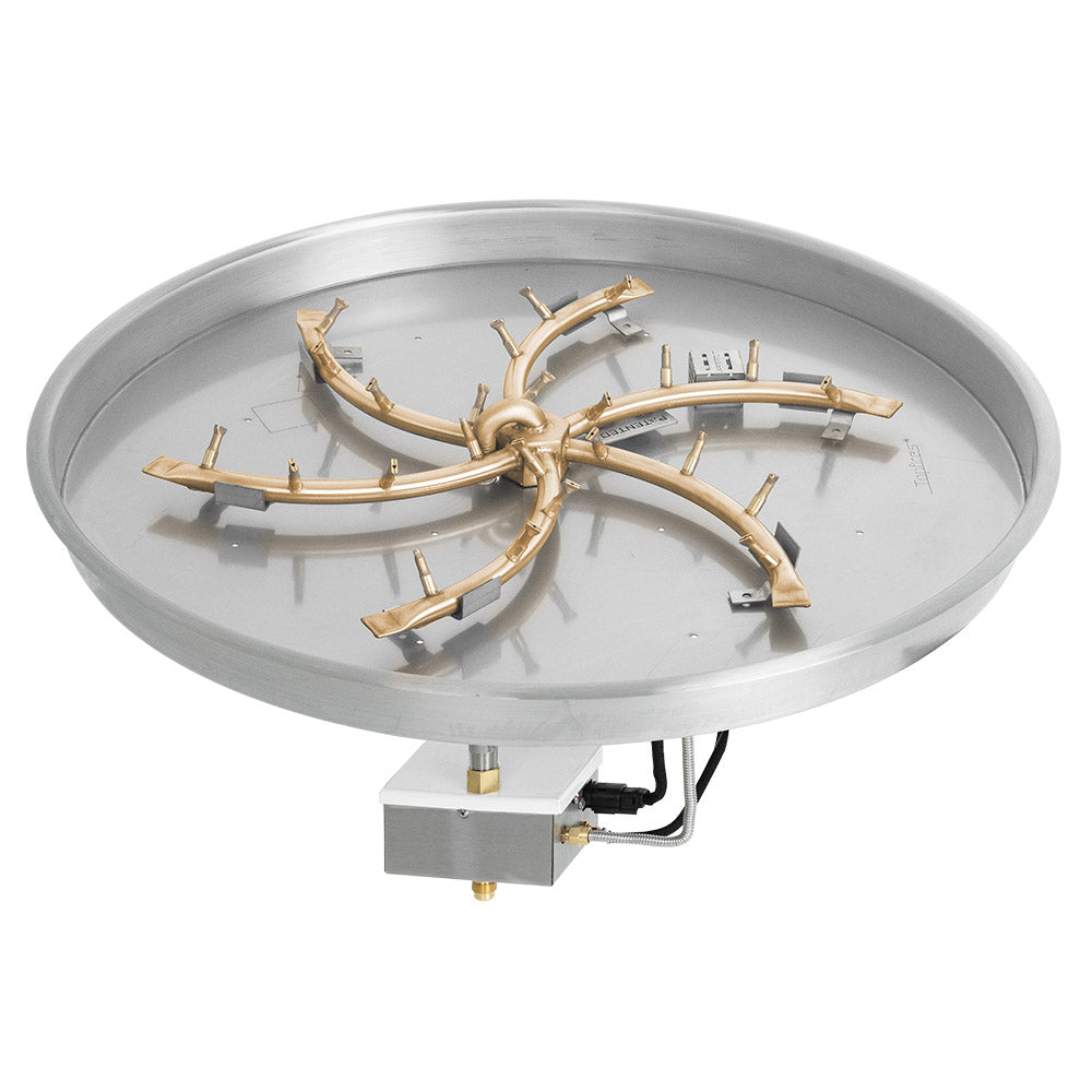 Gas fire pit burner kit with round metal bowl pan and brass bullet ignition manifold