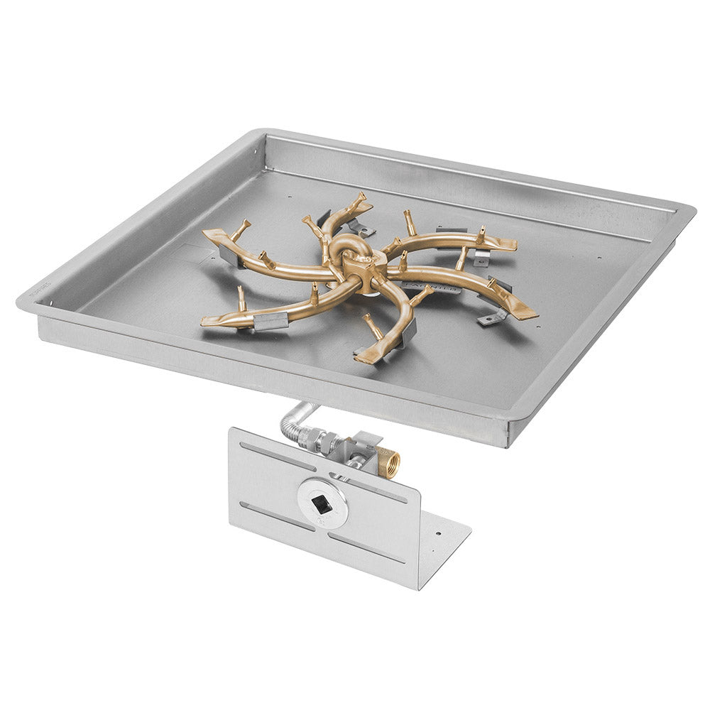 Brass bullet burner assembly inside a square fire pit burner pan