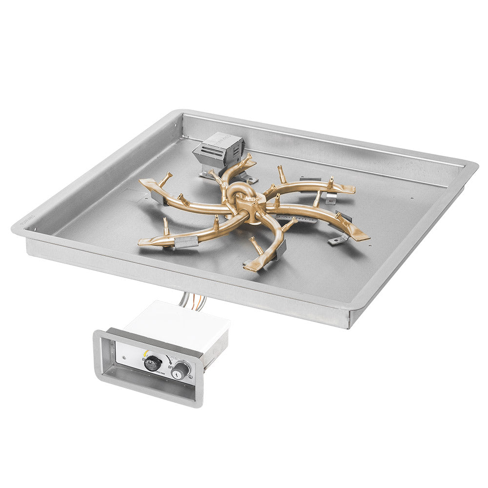 Gas fire pit burner kit in rectangular pan with brass burner head and control module