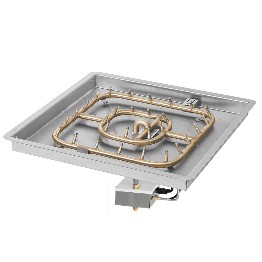 Brass bullet gas fire pit burner kit in square metal pan with ignition hardware