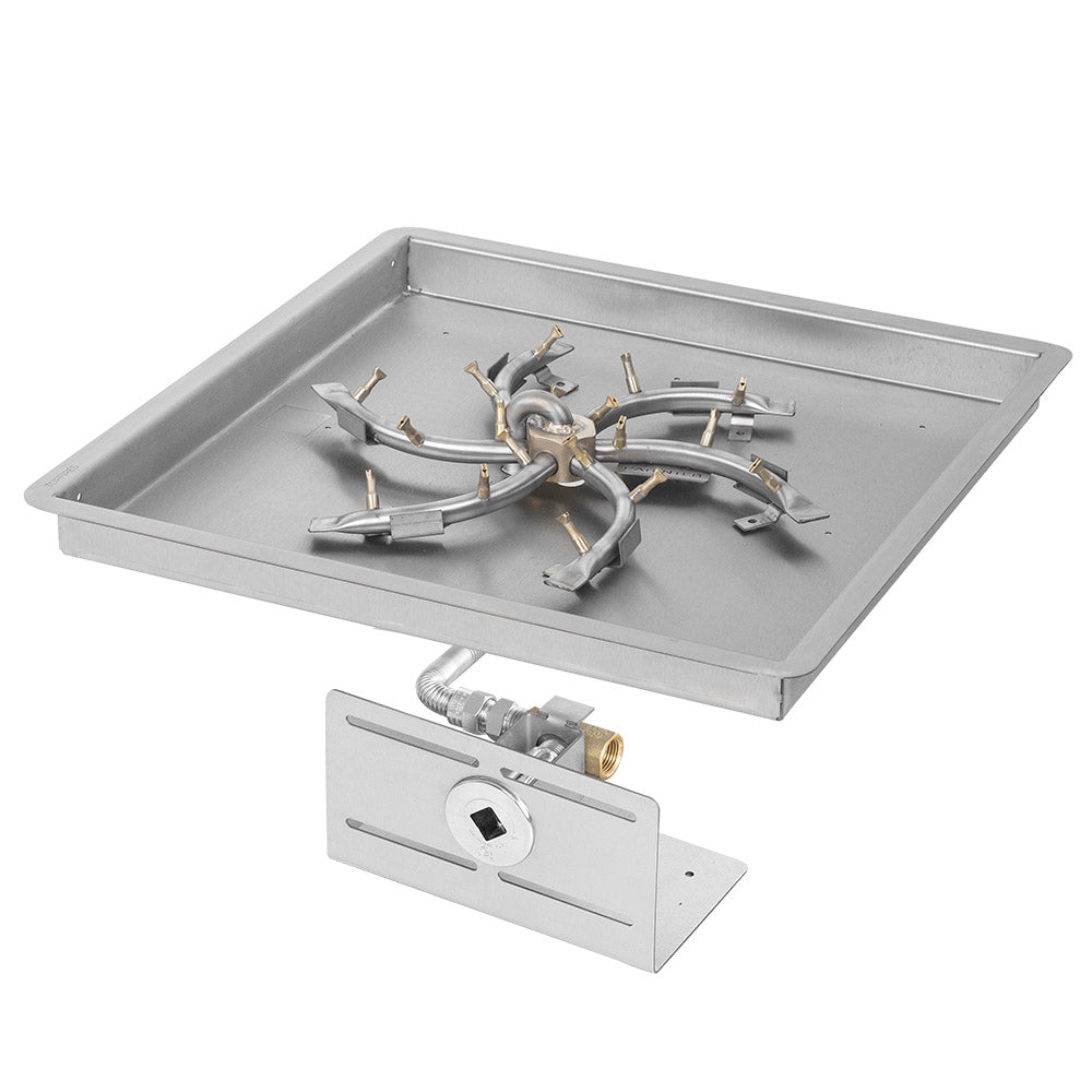 Stainless steel rectangular burner pan with bullet burner manifold and brass jets