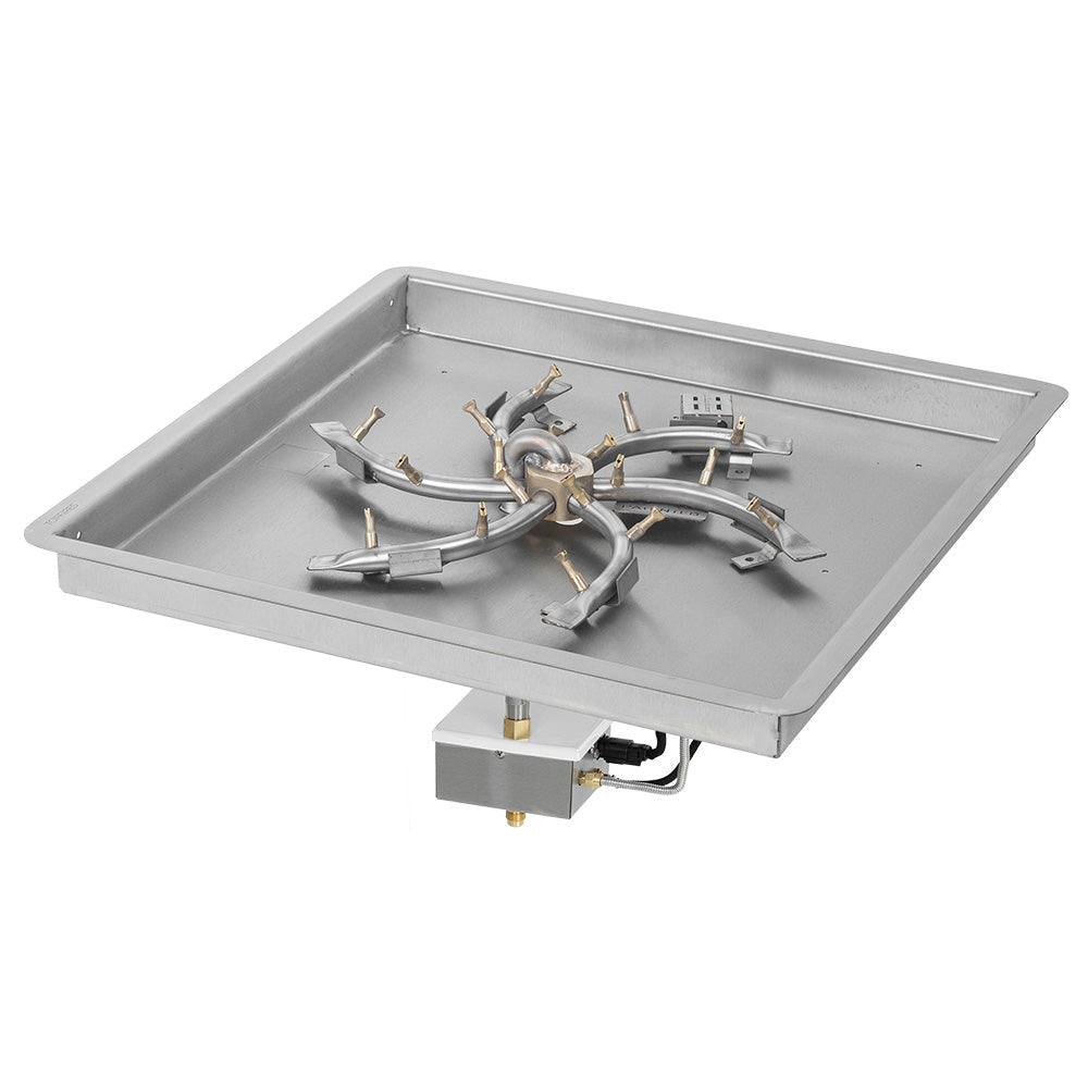 Stainless steel gas fire pit burner kit with square bowl pan and ignition valves