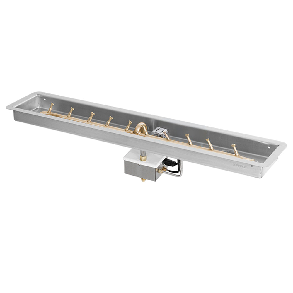 Brass linear bullet gas fire pit burner kit with metal burner pan and igniter module