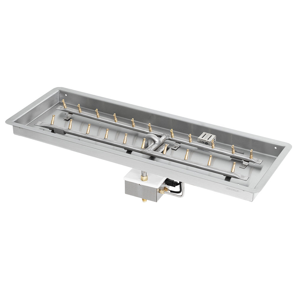 The Outdoor Plus Stainless Steel Linear H-Style Bullet Electronic Ignition Gas Fire Pit Burner Kit with Bowl Pan