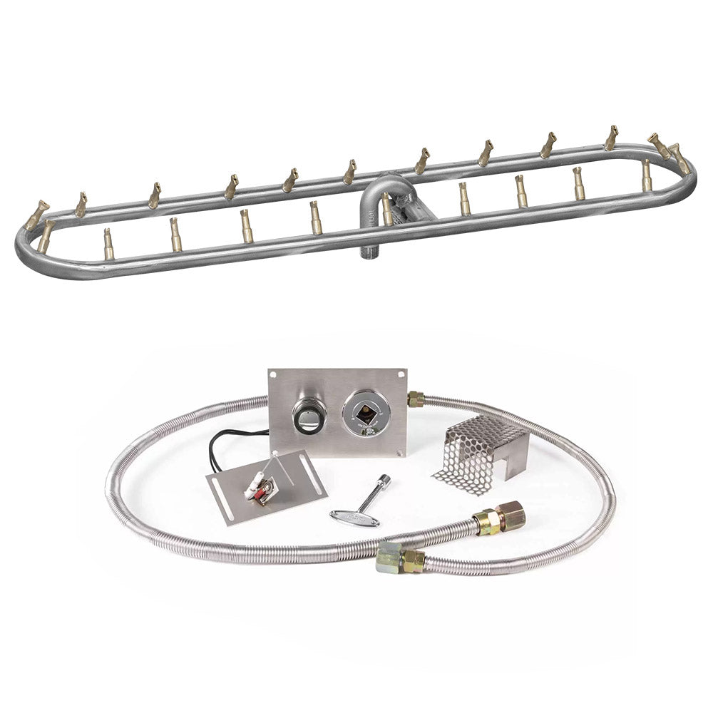 Stainless steel racetrack gas fire pit burner kit with spark ignition and tubing