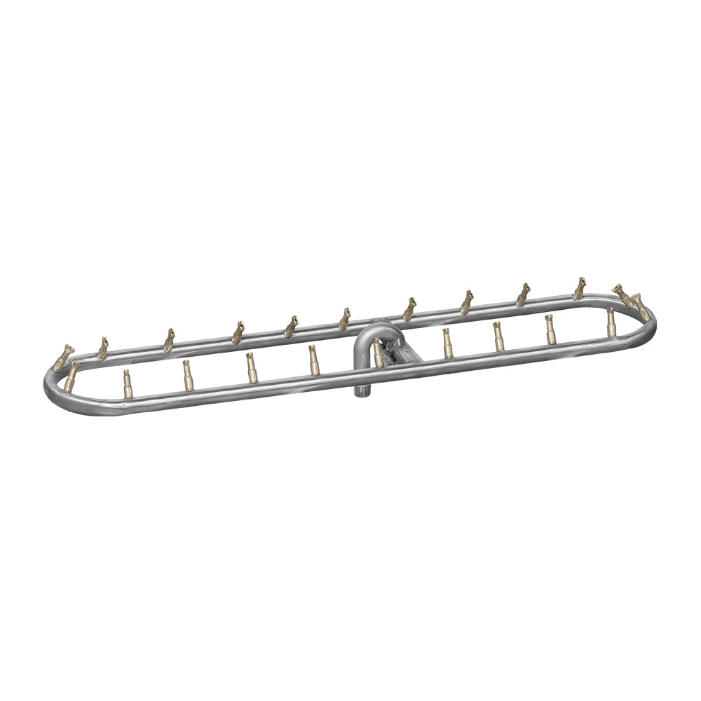Stainless steel rectangle bullet burner with curved metal manifold and multiple flame ports