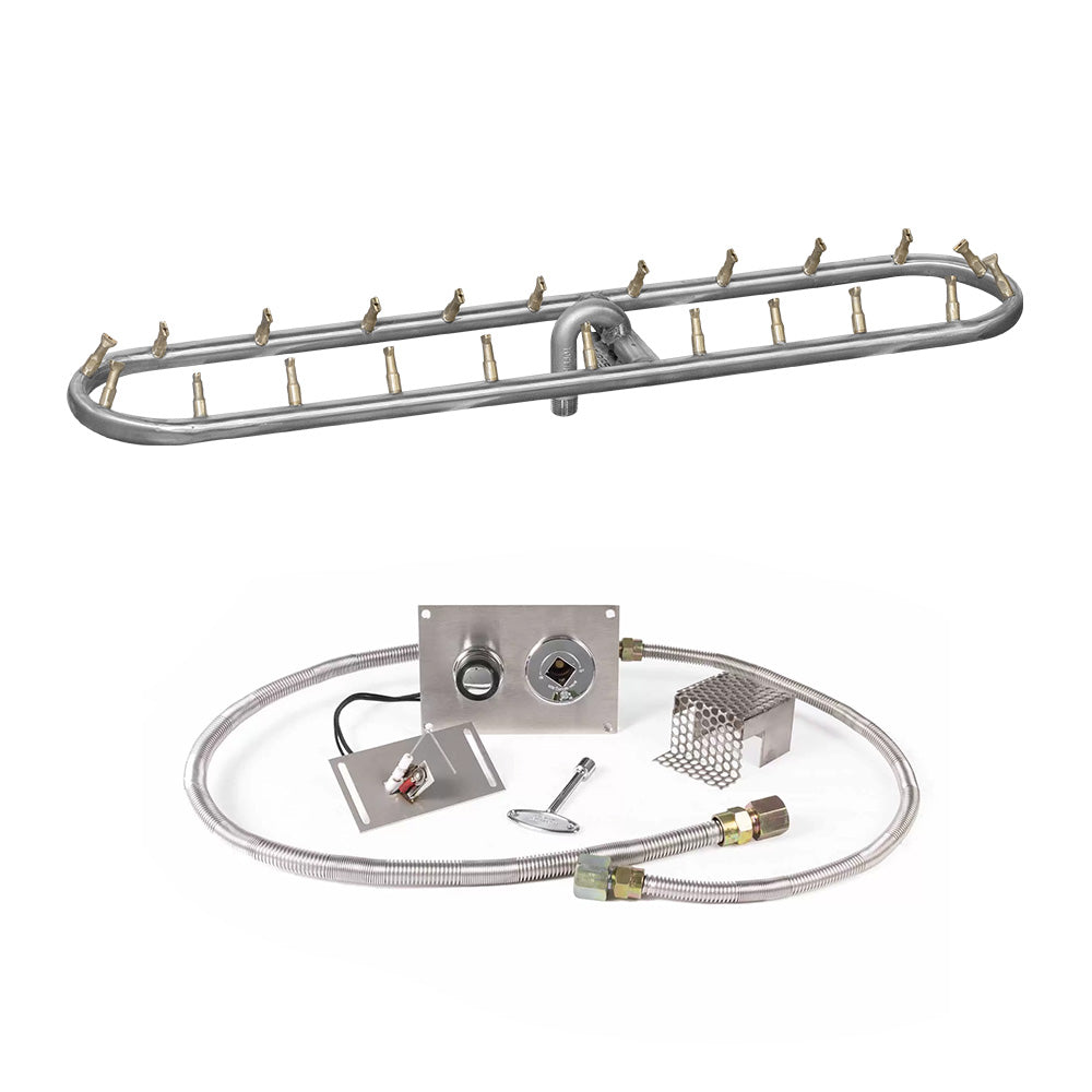 Stainless steel rectangular gas fire pit burner kit with curved ignition tubes and fittings