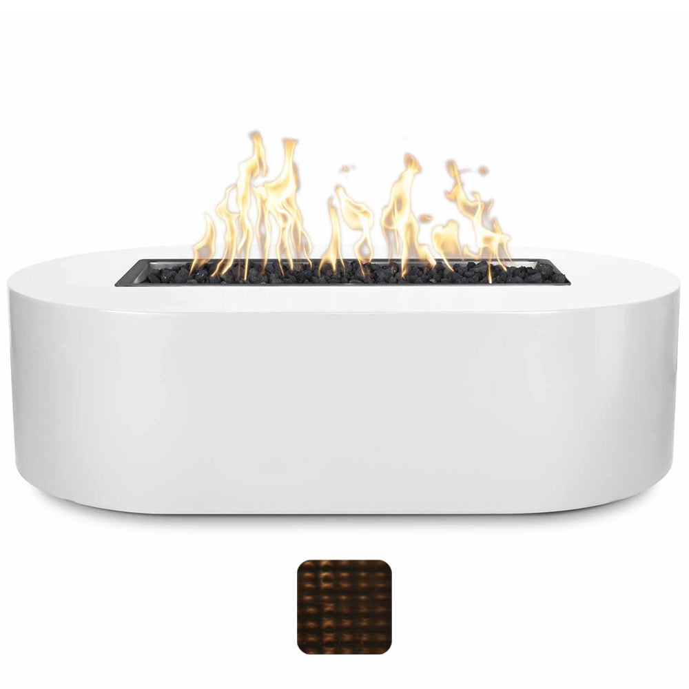 Oval gas fire pit with white outer body, flames in black burner tray