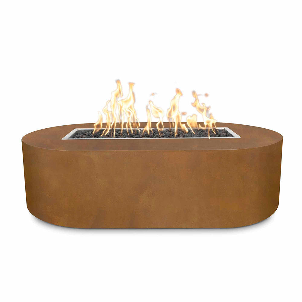 Corten steel oval gas fire pit with visible flames in the burner pan
