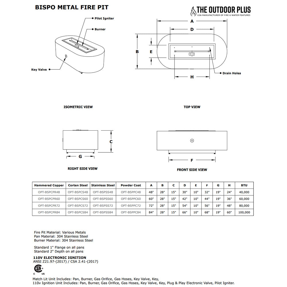 Technical diagram of oval gas fire pit showing burner, key valve, and dimensions