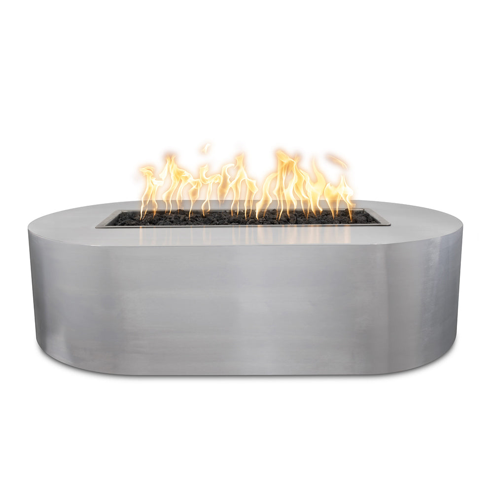 Oval stainless steel gas fire pit with burning flames in front burner