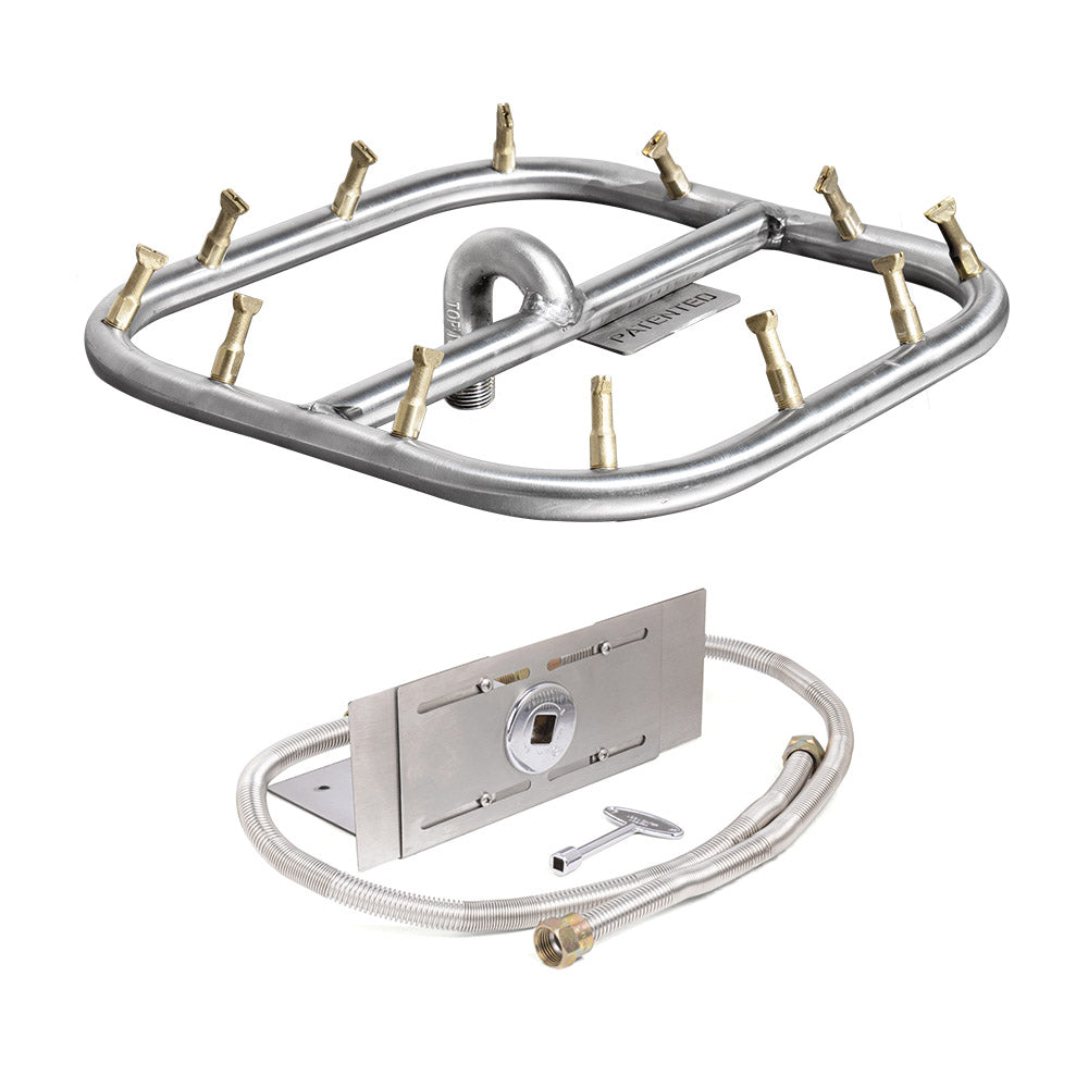 Stainless steel square gas fire pit burner kit with flexible hose and mounting plate