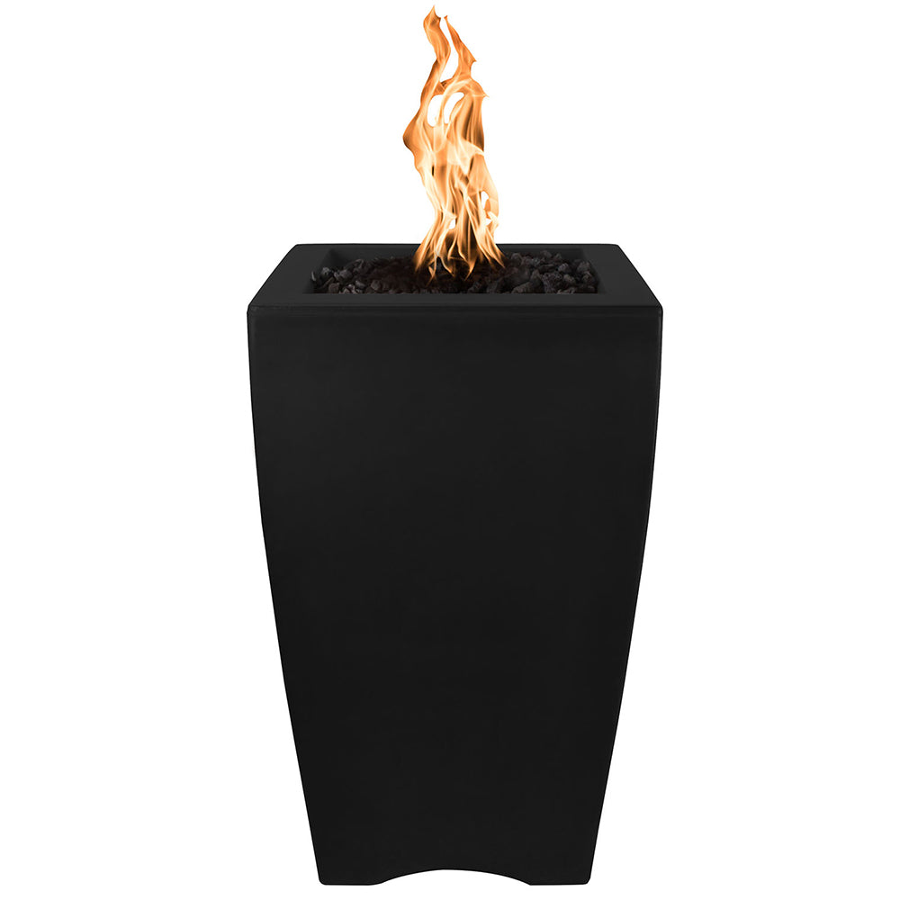Concrete fire pillar with flame, matte black finish and square top opening