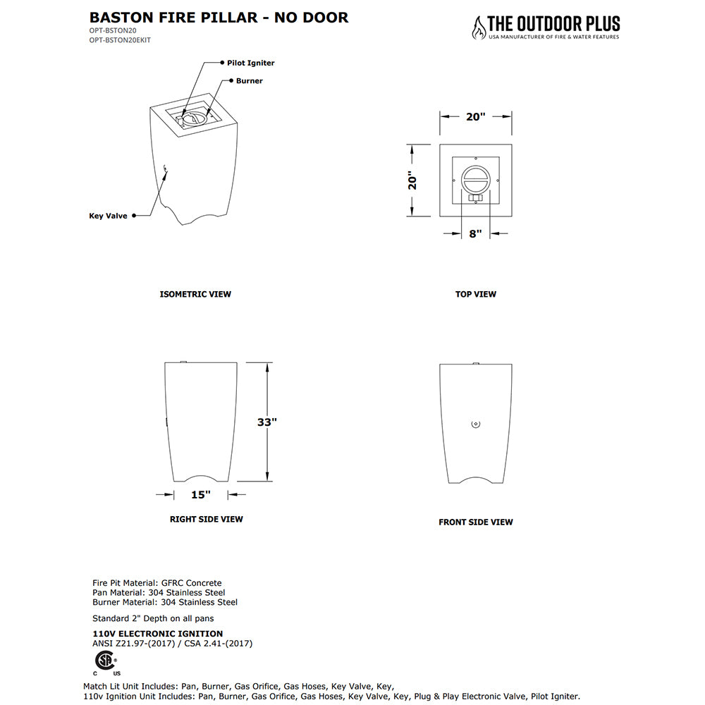 Concrete fire pillar diagram, no-door model with burner and key valve