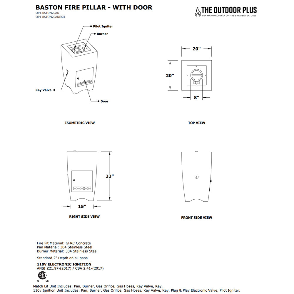 Concrete fire pillar diagram, with door, showing burner and key valve