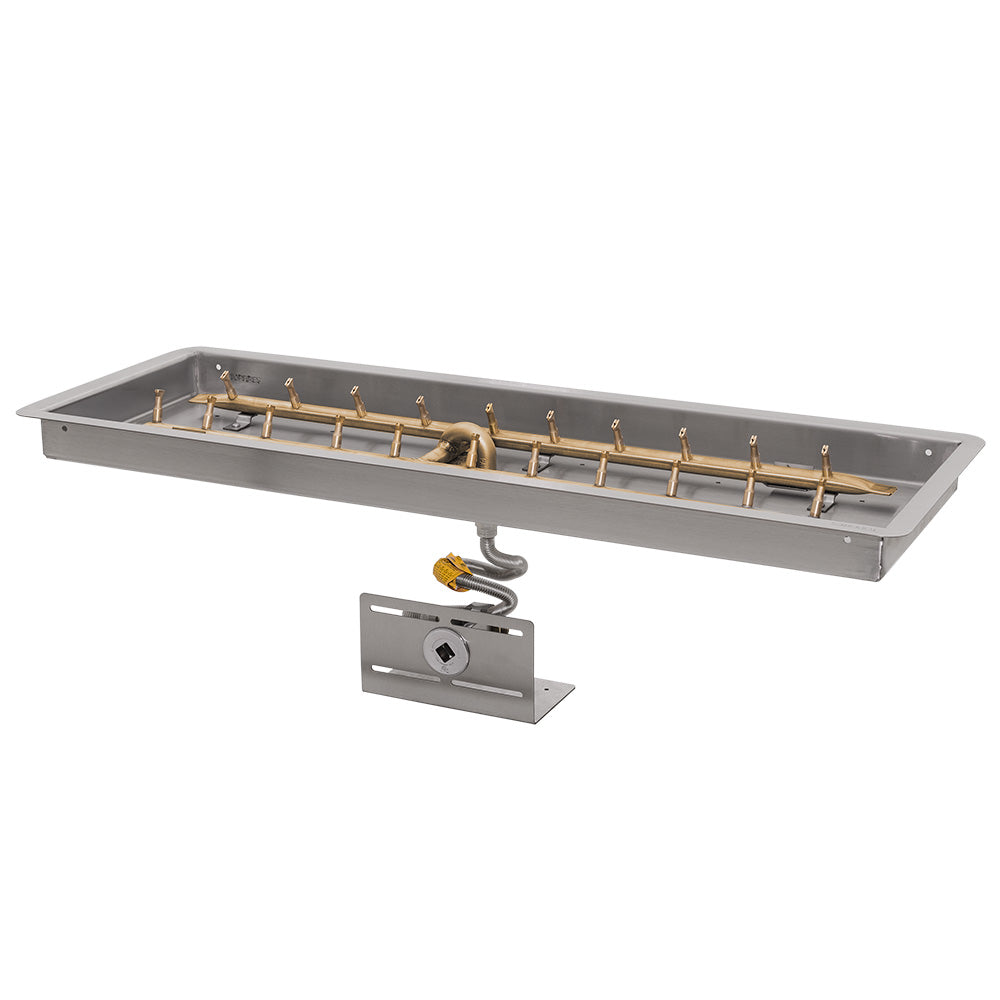 Brass linear gas fire pit burner kit with H-style bullet burner and control plate