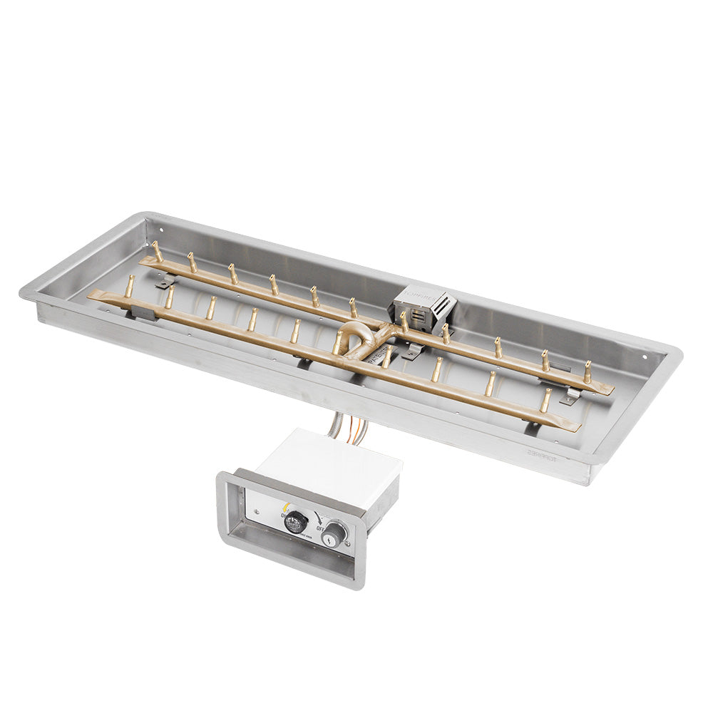 Brass linear H-style gas fire pit burner pan with ignition module and control valve