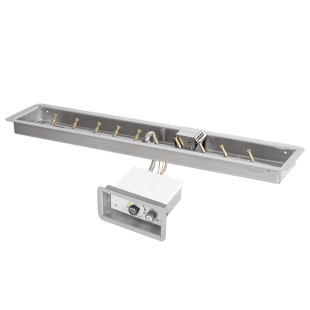 Brass linear bullet spark burner kit with long gray pan and control valve box