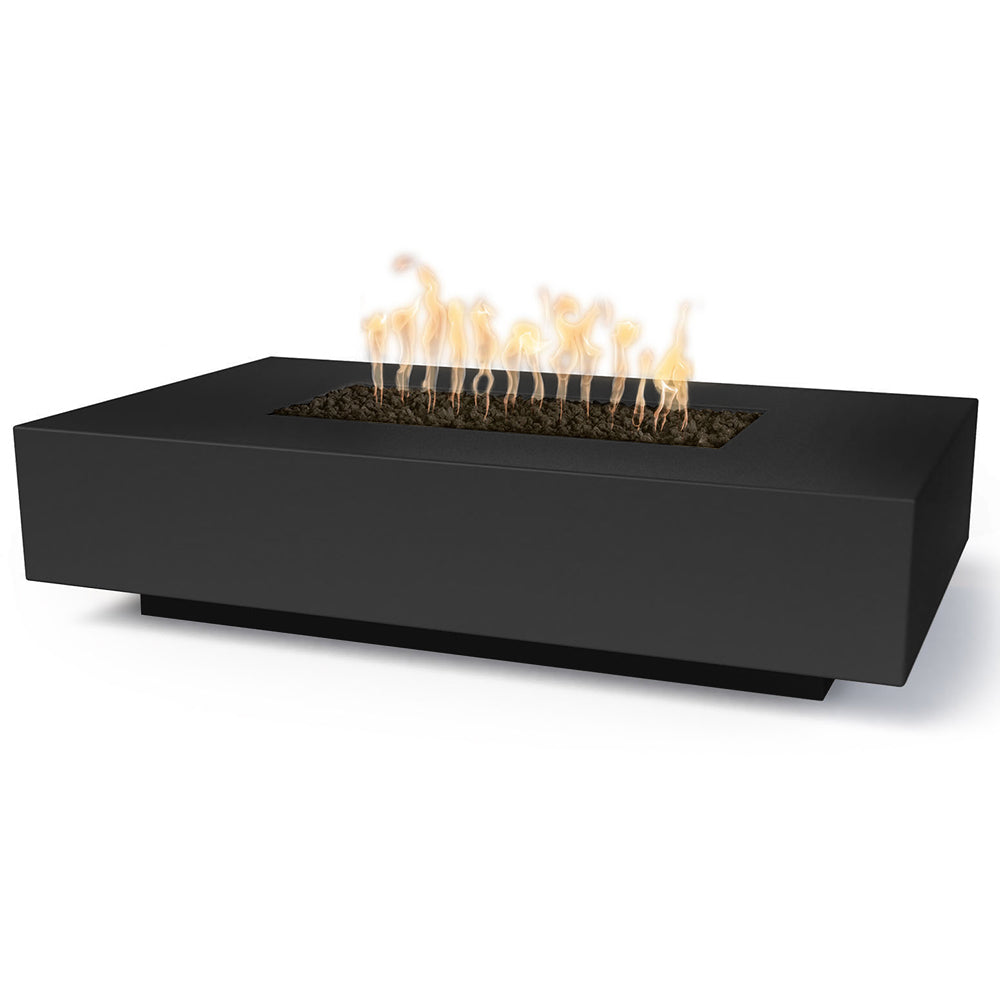 Linear concrete gas fire pit with black finish, flames rising from burner opening.