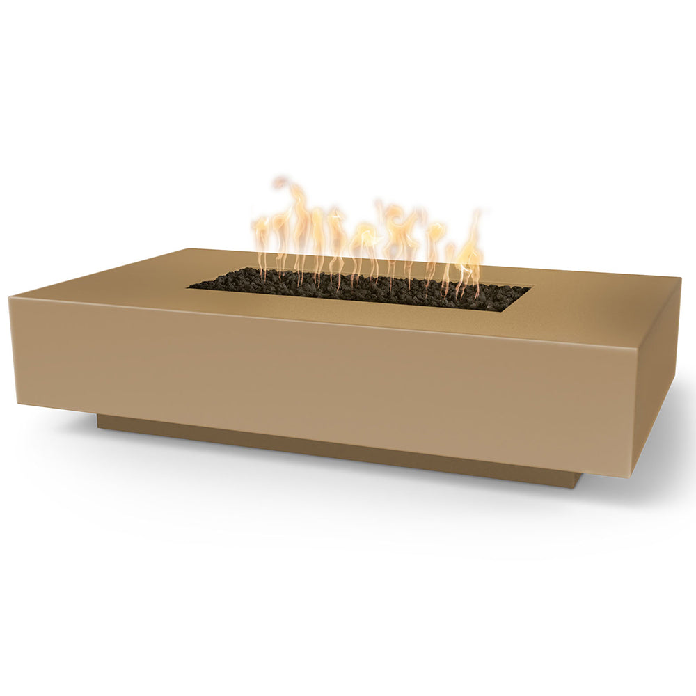 Linear concrete gas fire pit with open flame, tan rectangular burner insert