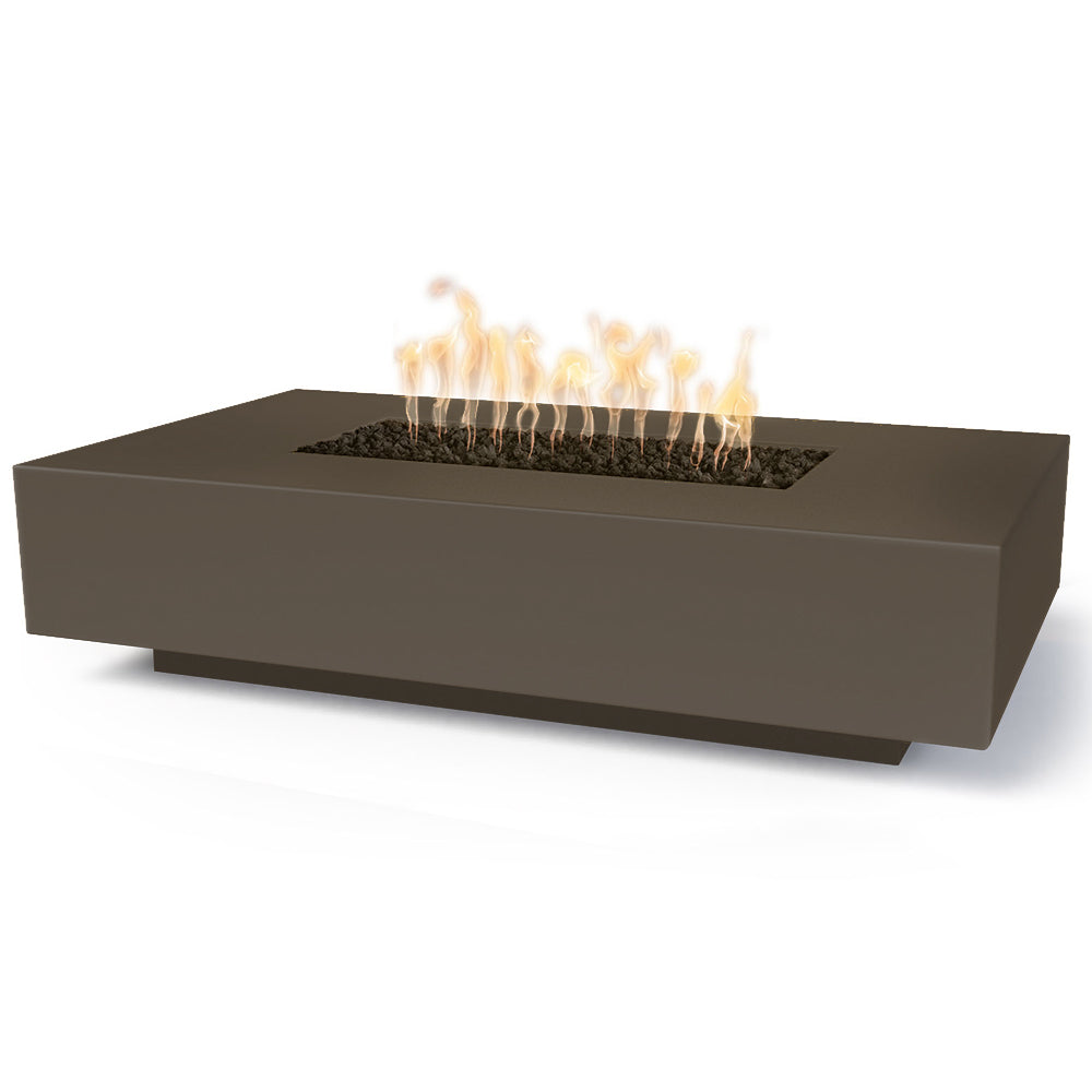 Linear concrete gas fire pit with open flame, dark brown rectangular burner