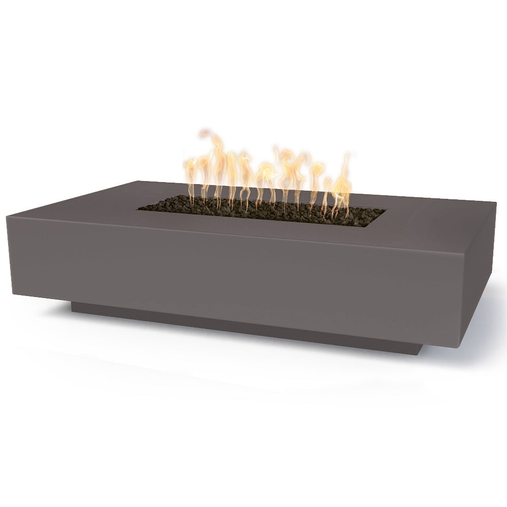 Linear concrete gas fire pit with open flame, charcoal gray rectangular burner