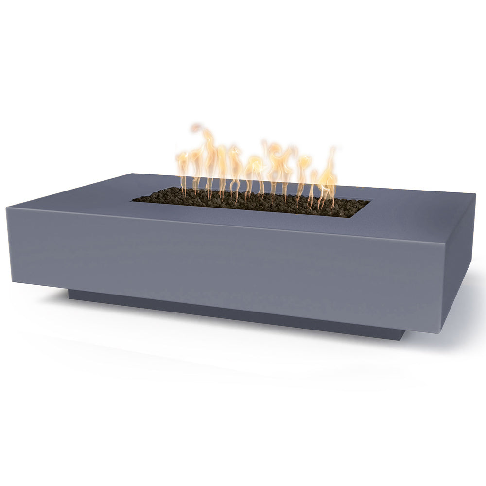 Linear concrete gas fire pit with open flame, dark gray rectangular burner